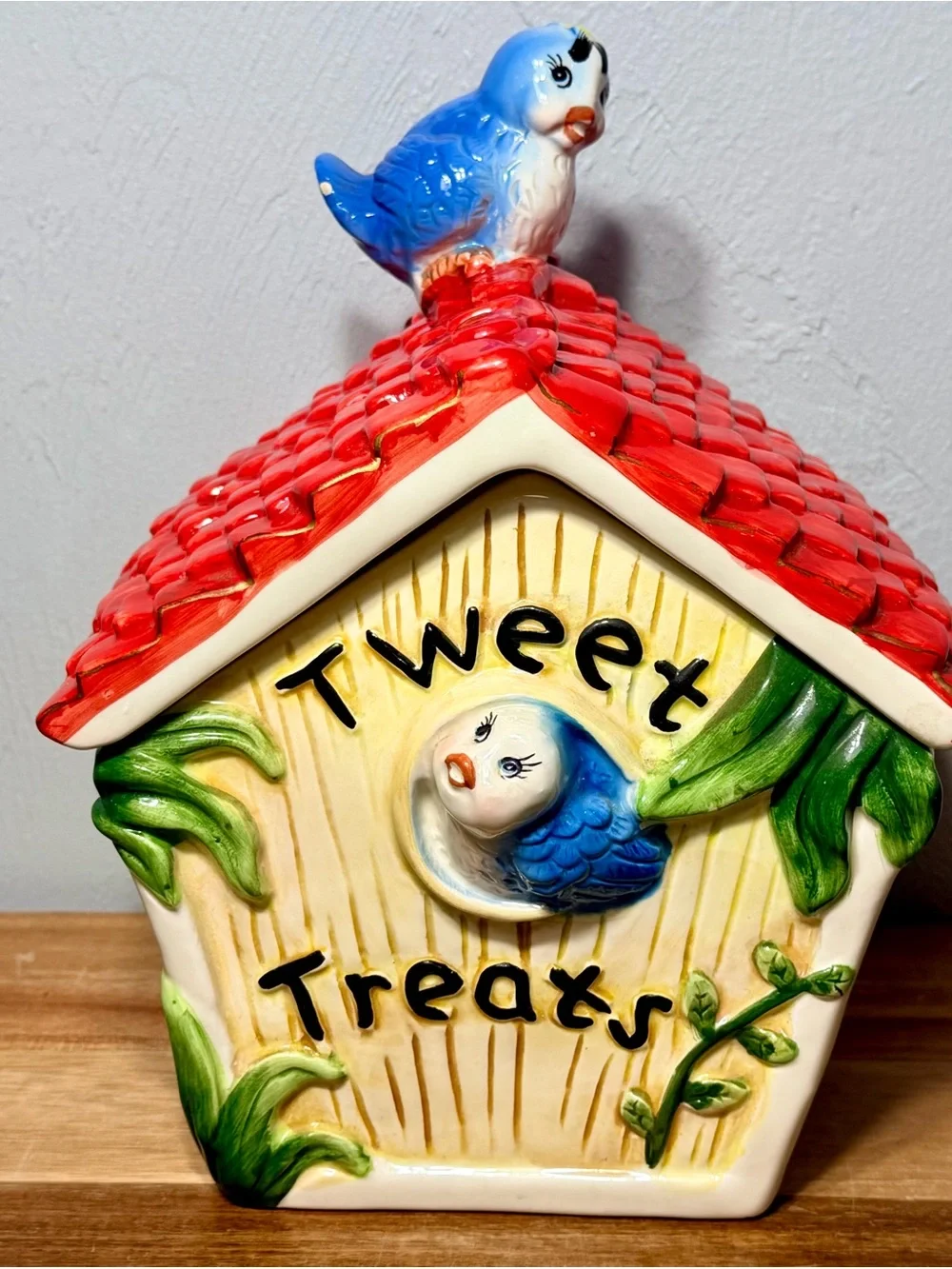 Vintage 1970s Tweety Treats Bluebird Cookie Jar | Ceramic Birdhouse Canister